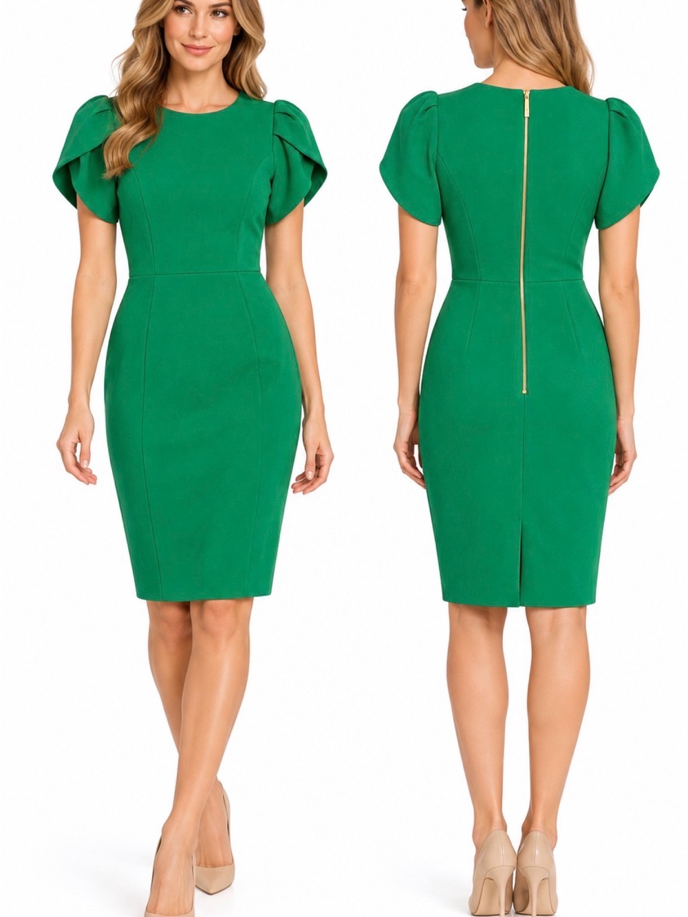 Calvin Klein Emerald Green Puff-Sleeve Sheath Dress
